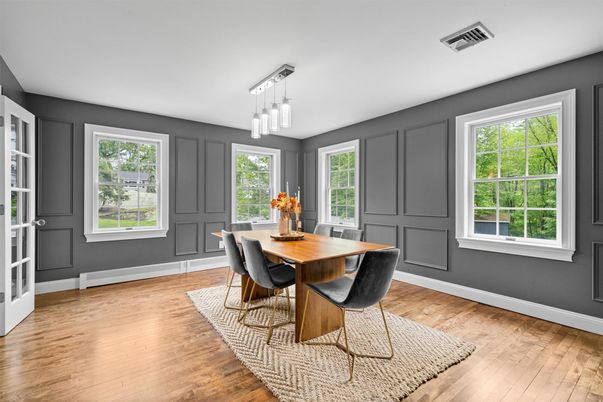 Dining room, Interior, Pendant Lights, Wood Texture Flooring