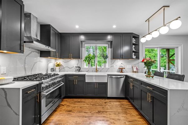 Interior, Kitchen, Pendant Lights, Recessed Lighting, Stainless Steel Appliances, Wood Texture Flooring