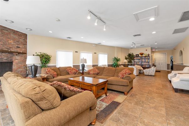 Fireplace, Interior, Living room, Recessed Lighting, Stone Walls