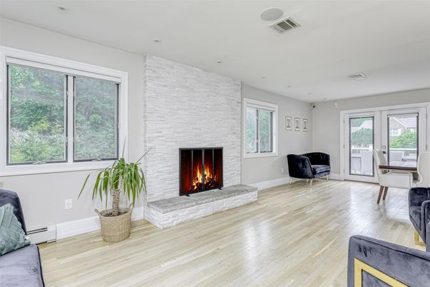 Fireplace, Interior, Recessed Lighting, Stone Walls, Wood Texture Flooring