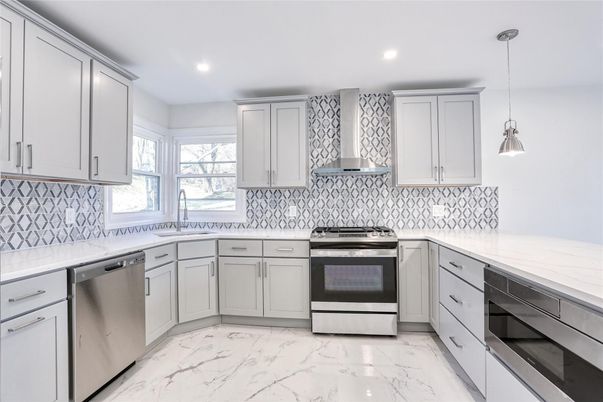 Interior, Kitchen, Marble, Pendant Lights, Recessed Lighting, Stainless Steel Appliances