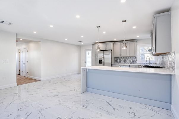 Interior, Kitchen, Marble, Pendant Lights, Recessed Lighting, Stainless Steel Appliances