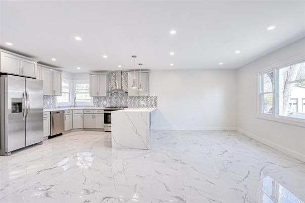 Interior, Kitchen, Marble, Pendant Lights, Recessed Lighting, Stainless Steel Appliances