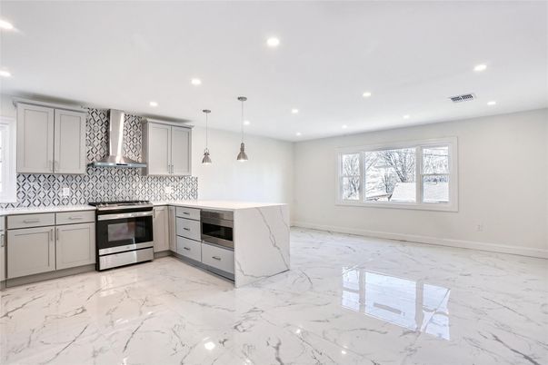 Interior, Kitchen, Marble, Pendant Lights, Recessed Lighting, Stainless Steel Appliances