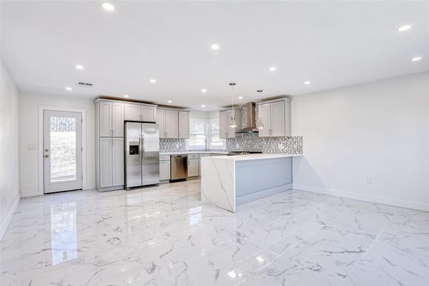 Interior, Kitchen, Marble, Pendant Lights, Recessed Lighting, Stainless Steel Appliances