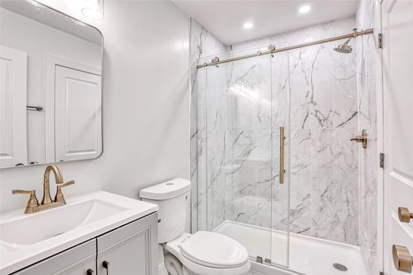 Bathroom, Glass Shower, Interior, Marble Walls, Recessed Lighting