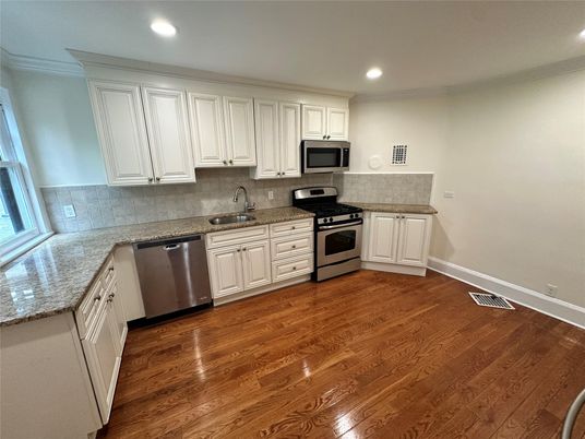 Interior, Kitchen, Recessed Lighting, Stainless Steel Appliances, Wood Texture Flooring