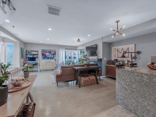 Dining room, Interior, Living room, Pendant Lights, Recessed Lighting, Wood Texture Flooring