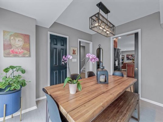 Dining room, Interior, Pendant Lights, Wood Texture Flooring
