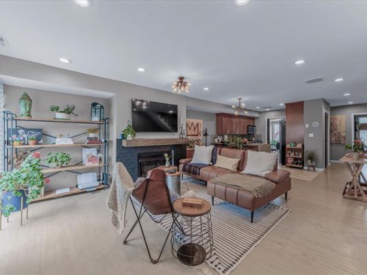 Fireplace, Interior, Kitchen, Living room, Pendant Lights, Recessed Lighting, Wood Texture Flooring