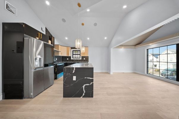 Chandelier, Interior, Kitchen, Pendant Lights, Recessed Lighting, Stainless Steel Appliances, Wood Texture Flooring