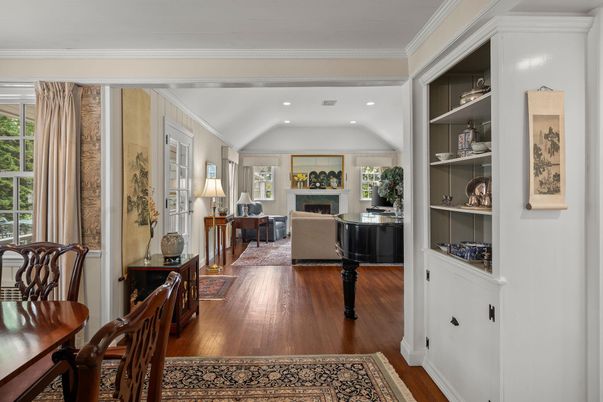 Fireplace, Interior, Living room, Piano, Recessed Lighting, Wood Texture Flooring