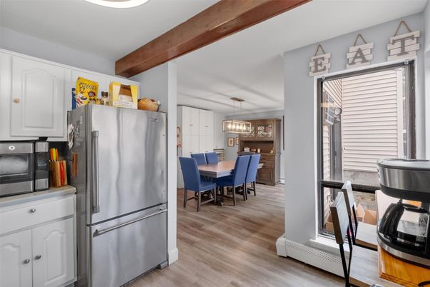 Dining room, Interior, Kitchen, Pendant Lights, Wooden Beams, Wood Texture Flooring