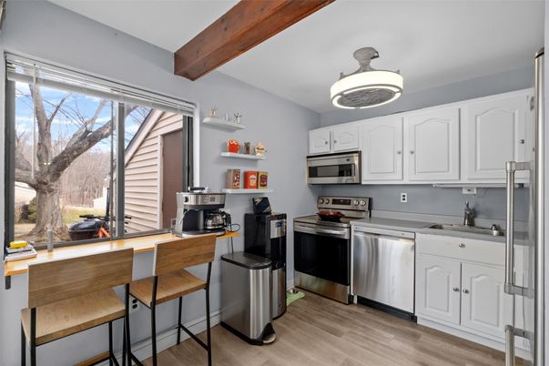Interior, Kitchen, Stainless Steel Appliances, Wooden Beams, Wood Texture Flooring