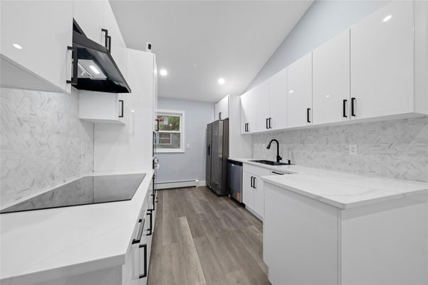 Interior, Kitchen, Marble Walls, Recessed Lighting, Wood Texture Flooring