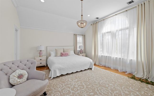 Bedroom, Interior, Pendant Lights, Recessed Lighting, Wood Texture Flooring