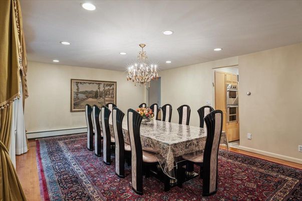 Chandelier, Dining room, Interior, Recessed Lighting, Wood Texture Flooring