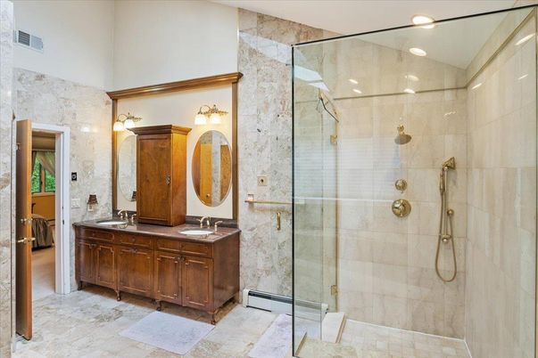 Bathroom, Dual Sink Vanities, Glass Shower, Interior, Recessed Lighting
