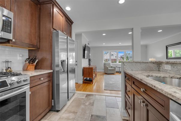 Interior, Kitchen, Living room, Recessed Lighting, Stainless Steel Appliances, Wood Texture Flooring