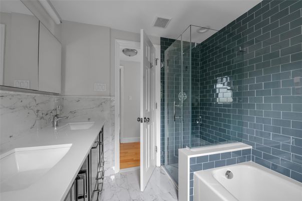 Bathroom, Dual Sink Vanities, Glass Shower, Interior, Marble, Marble Walls