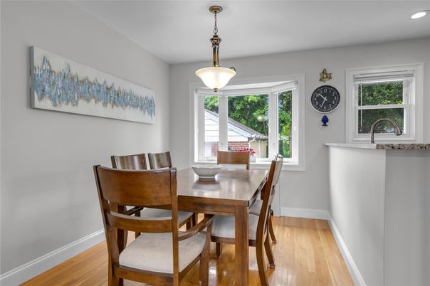 Dining room, Interior, Pendant Lights, Recessed Lighting, Wood Texture Flooring