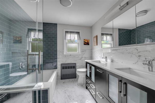 Bathroom, Dual Sink Vanities, Glass Shower, Interior, Marble, Marble Walls