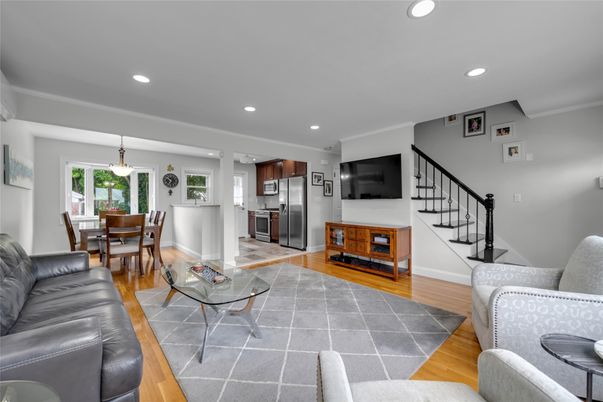 Dining room, Interior, Kitchen, Living room, Pendant Lights, Recessed Lighting, Stainless Steel Appliances, Wood Texture Flooring