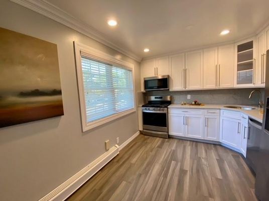 Interior, Kitchen, Recessed Lighting, Stainless Steel Appliances, Wood Texture Flooring