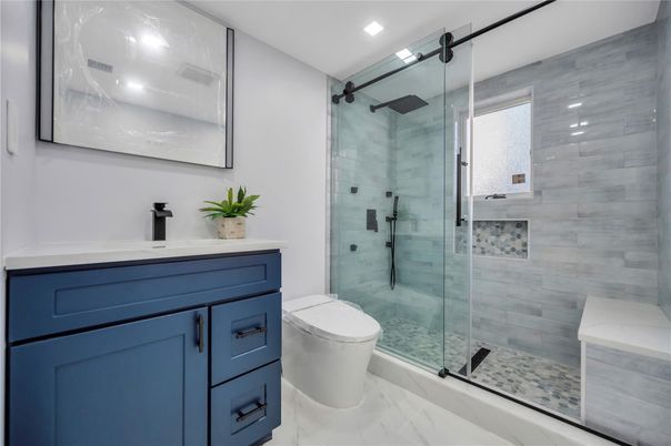 Bathroom, Glass Shower, Interior, Marble, Recessed Lighting
