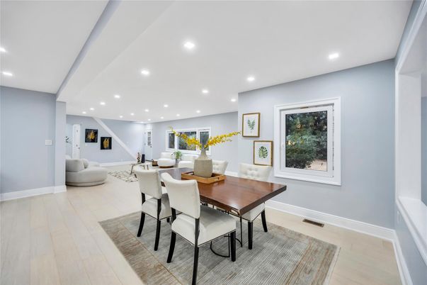 Dining room, Interior, Recessed Lighting, Wood Texture Flooring