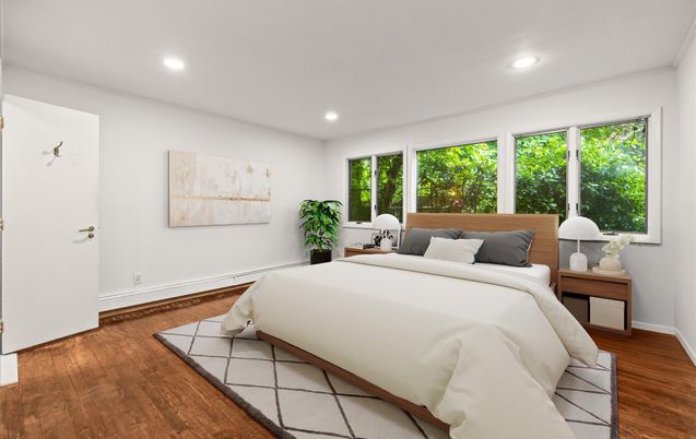 Bedroom, Interior, Recessed Lighting, Wood Texture Flooring