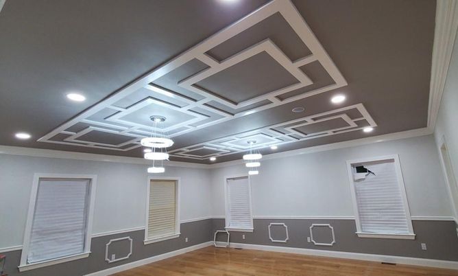 Empty room, Interior, Pendant Lights, Recessed Lighting, Wood Texture Flooring
