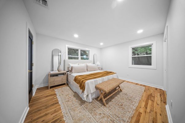 Bedroom, Interior, Recessed Lighting, Wood Texture Flooring