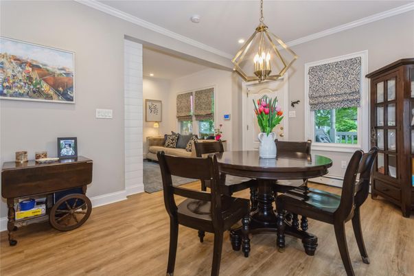 Dining room, Interior, Pendant Lights, Recessed Lighting, Wood Texture Flooring