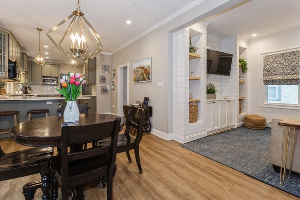 Dining room, Interior, Kitchen, Pendant Lights, Recessed Lighting, Stainless Steel Appliances, Wood Texture Flooring