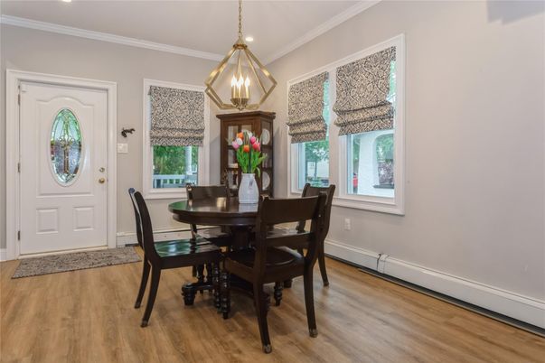 Dining room, Interior, Pendant Lights, Wood Texture Flooring