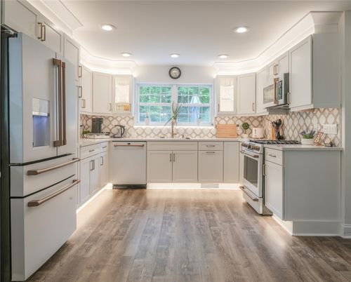 Interior, Kitchen, Recessed Lighting, Stainless Steel Appliances, Wood Texture Flooring