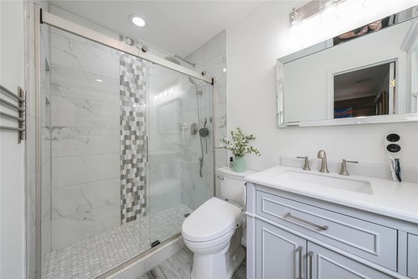 Bathroom, Glass Shower, Interior, Marble Walls, Recessed Lighting