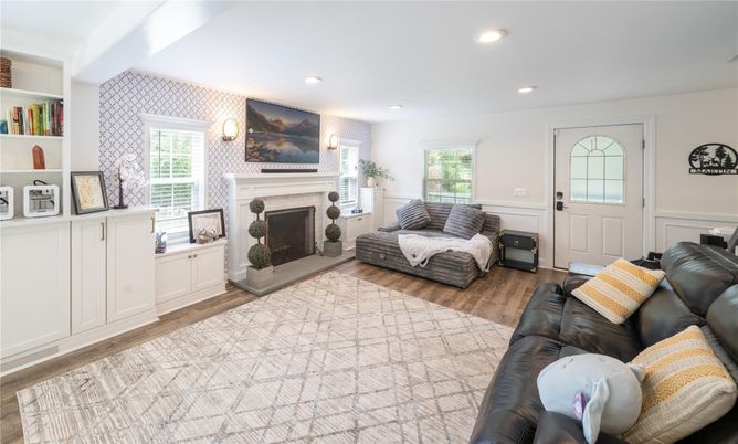 Fireplace, Interior, Living room, Recessed Lighting, Wood Texture Flooring