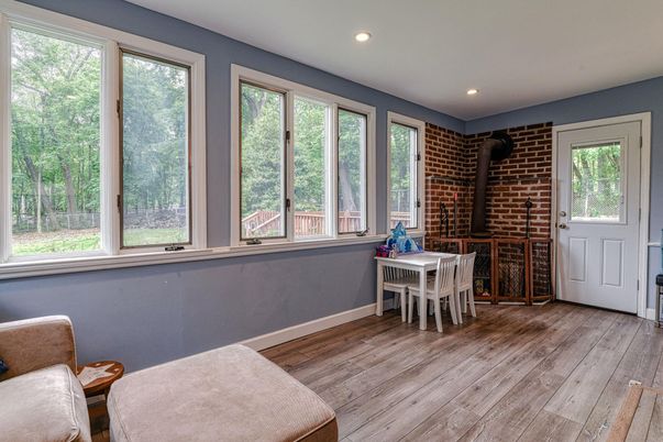 Dining room, Interior, Recessed Lighting, Stone Walls, Wood Texture Flooring
