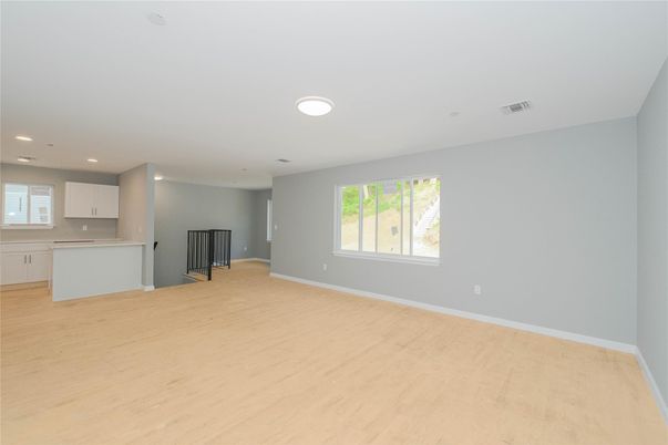 Empty room, Interior, Kitchen, Recessed Lighting, Wood Texture Flooring