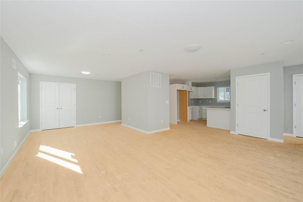 Empty room, Interior, Kitchen, Recessed Lighting, Wood Texture Flooring