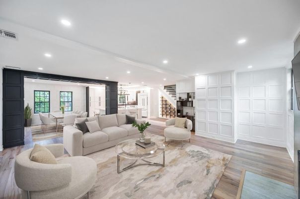 Dining room, Interior, Living room, Recessed Lighting, Wood Texture Flooring