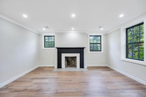 Empty room, Fireplace, Interior, Recessed Lighting, Wood Texture Flooring