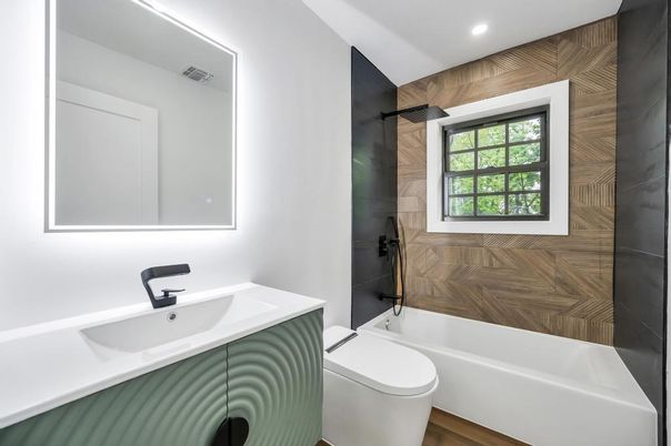 Bathroom, Interior, Recessed Lighting, Wood Texture Flooring
