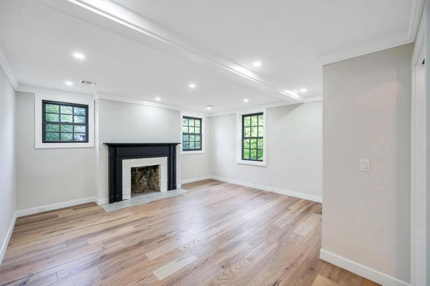 Empty room, Fireplace, Interior, Recessed Lighting, Wood Texture Flooring