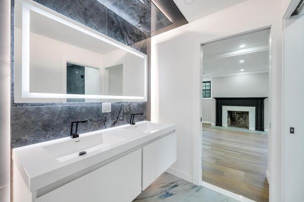 Bathroom, Fireplace, Interior, Marble, Recessed Lighting, Wood Texture Flooring