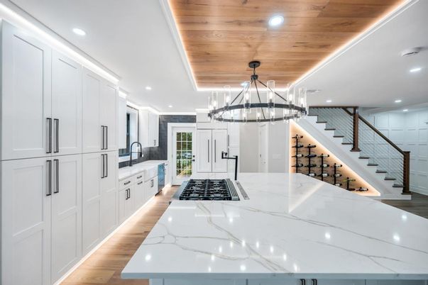 Chandelier, Interior, Kitchen, Recessed Lighting, Wooden Ceilings, Wood Texture Flooring