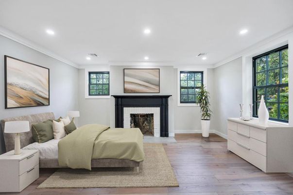 Bedroom, Fireplace, Interior, Recessed Lighting, Wood Texture Flooring