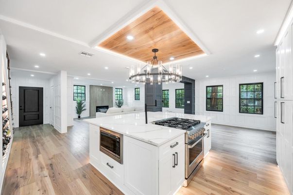 Chandelier, Interior, Kitchen, Pendant Lights, Recessed Lighting, Stainless Steel Appliances, Wooden Ceilings, Wood Texture Flooring